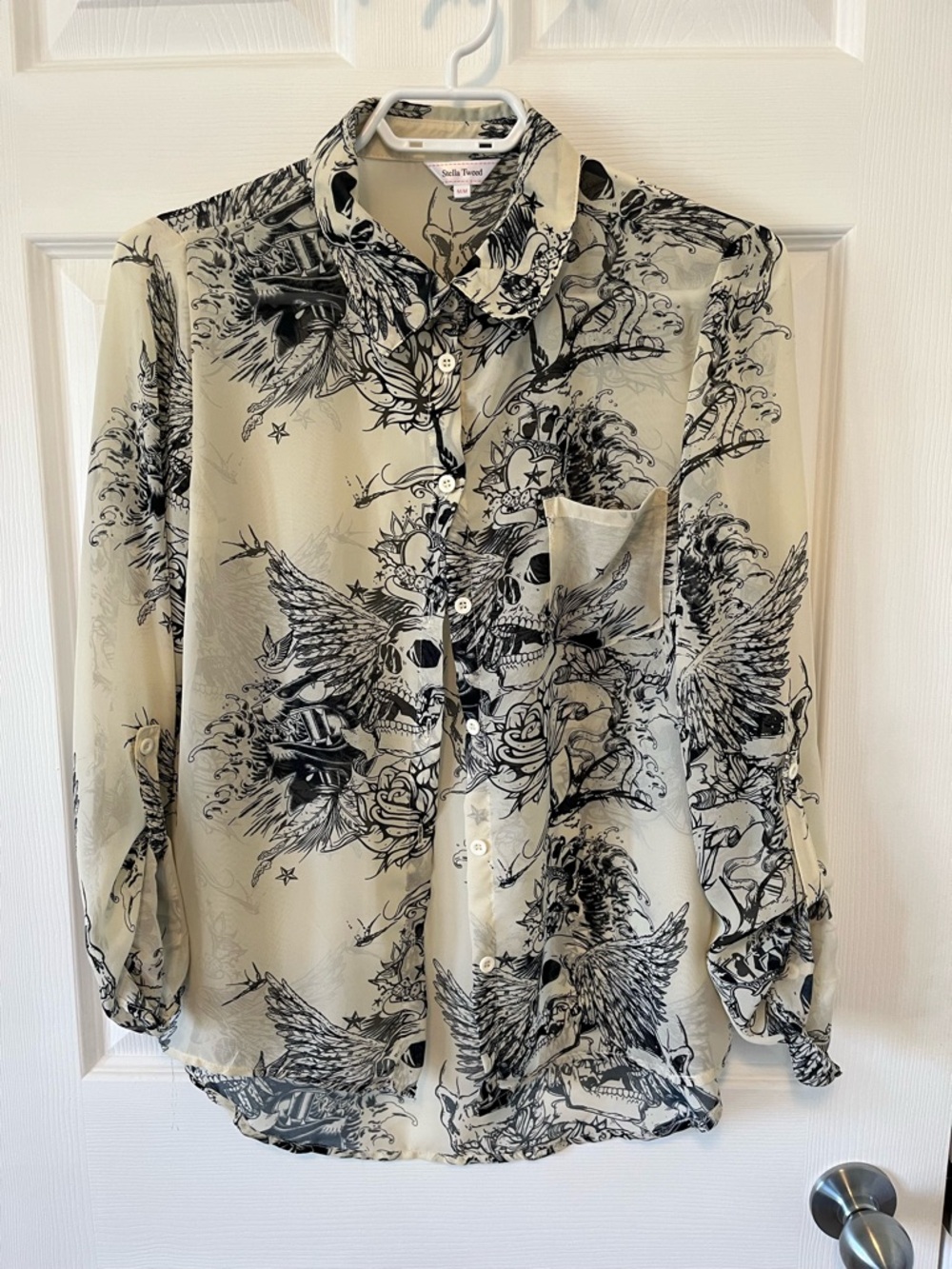 Stella Tweed Cream Blouse with Black Skull & Wing Print